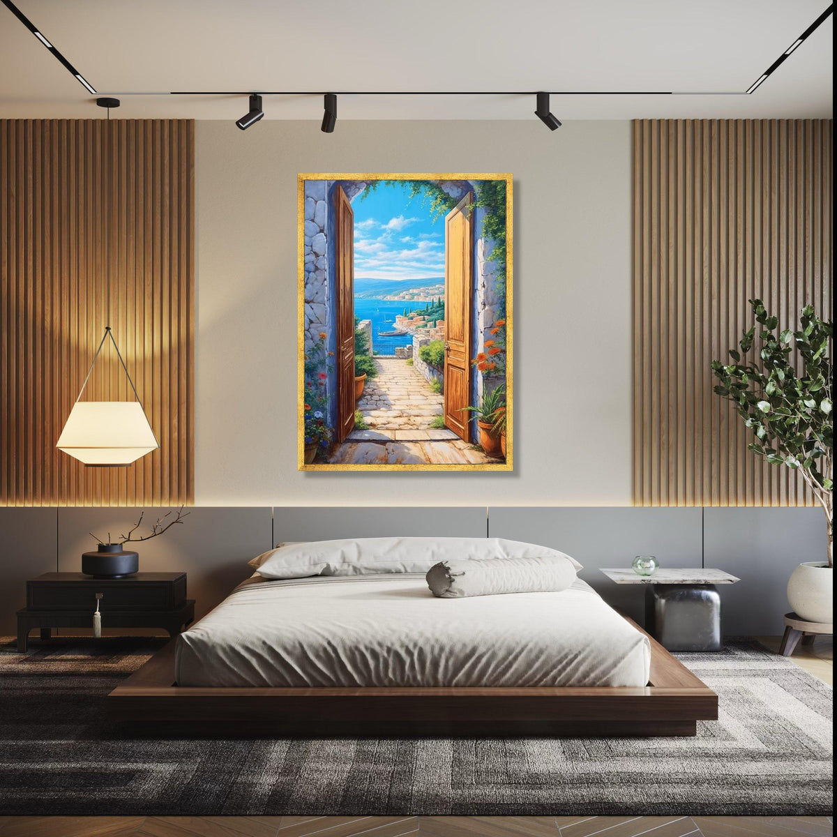 Coastal Mediterranean View Canvas, Open Doorway Wall Art, Seaside Landscape Painting, Beach House Decor, Scenic Gift Art, Home Decor, Print