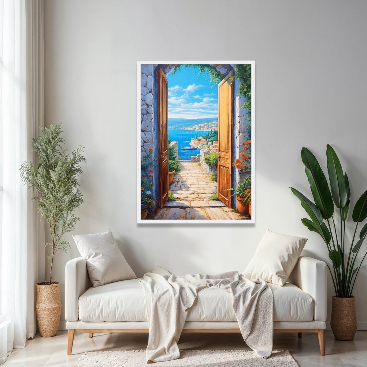 Coastal Mediterranean View Canvas, Open Doorway Wall Art, Seaside Landscape Painting, Beach House Decor, Scenic Gift Art, Home Decor, Print