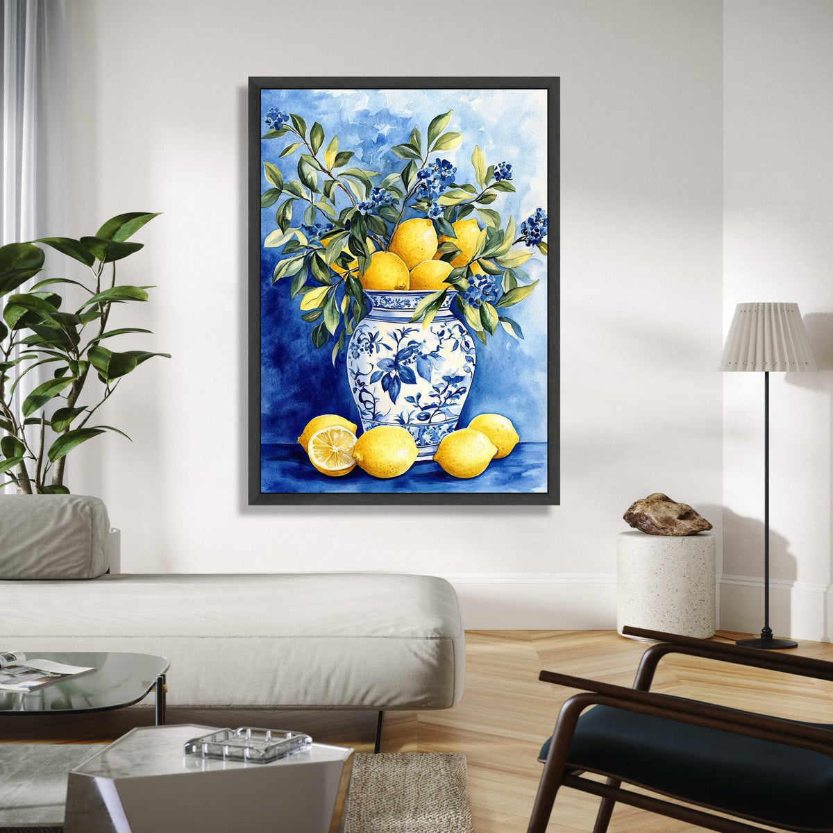Blue and White Vase with Lemons and Greenery Canvas, Still Life Fruit Wall Art, Kitchen Decor, Citrus Floral Gift Art, Home Decor, Print