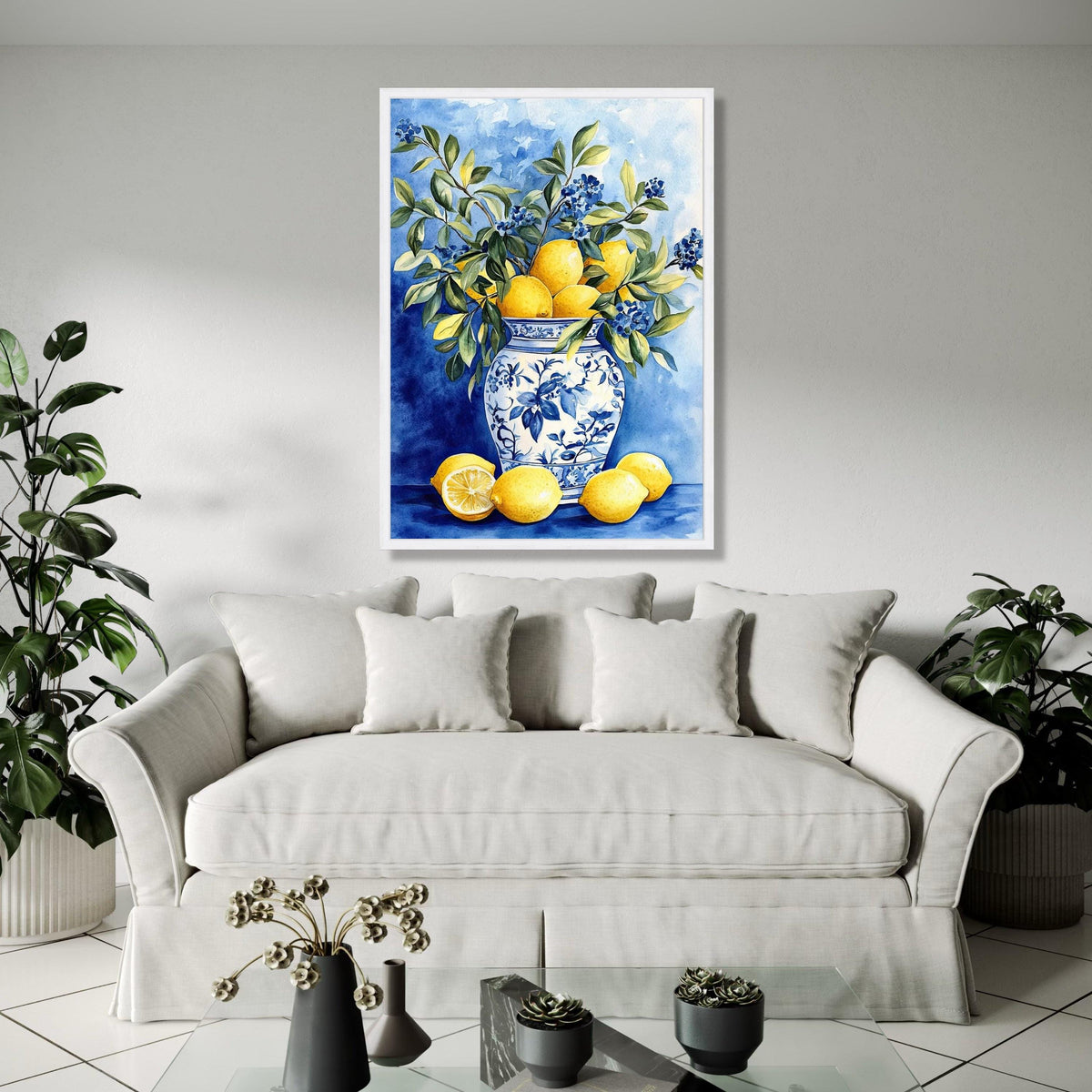 Blue and White Vase with Lemons and Greenery Canvas, Still Life Fruit Wall Art, Kitchen Decor, Citrus Floral Gift Art, Home Decor, Print
