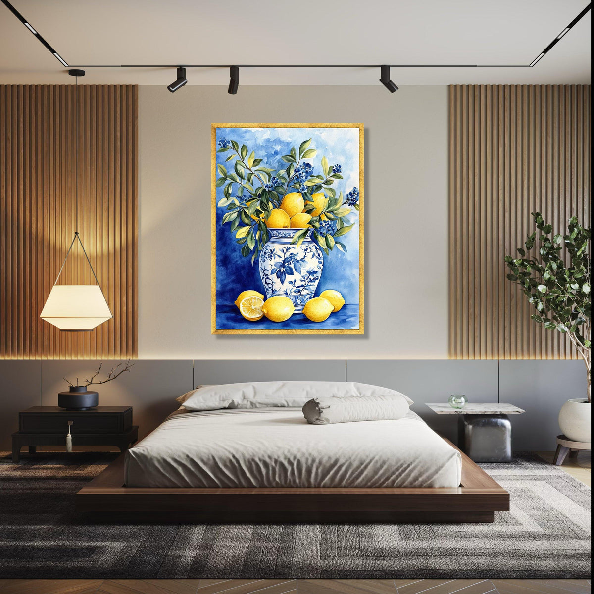 Blue and White Vase with Lemons and Greenery Canvas, Still Life Fruit Wall Art, Kitchen Decor, Citrus Floral Gift Art, Home Decor, Print