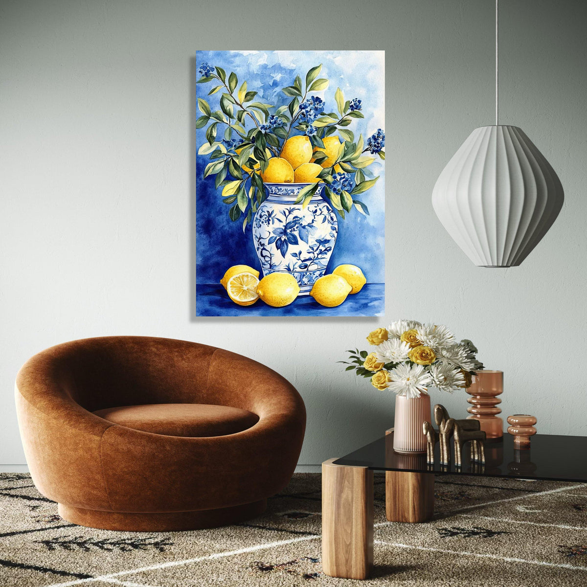 Blue and White Vase with Lemons and Greenery Canvas, Still Life Fruit Wall Art, Kitchen Decor, Citrus Floral Gift Art, Home Decor, Print