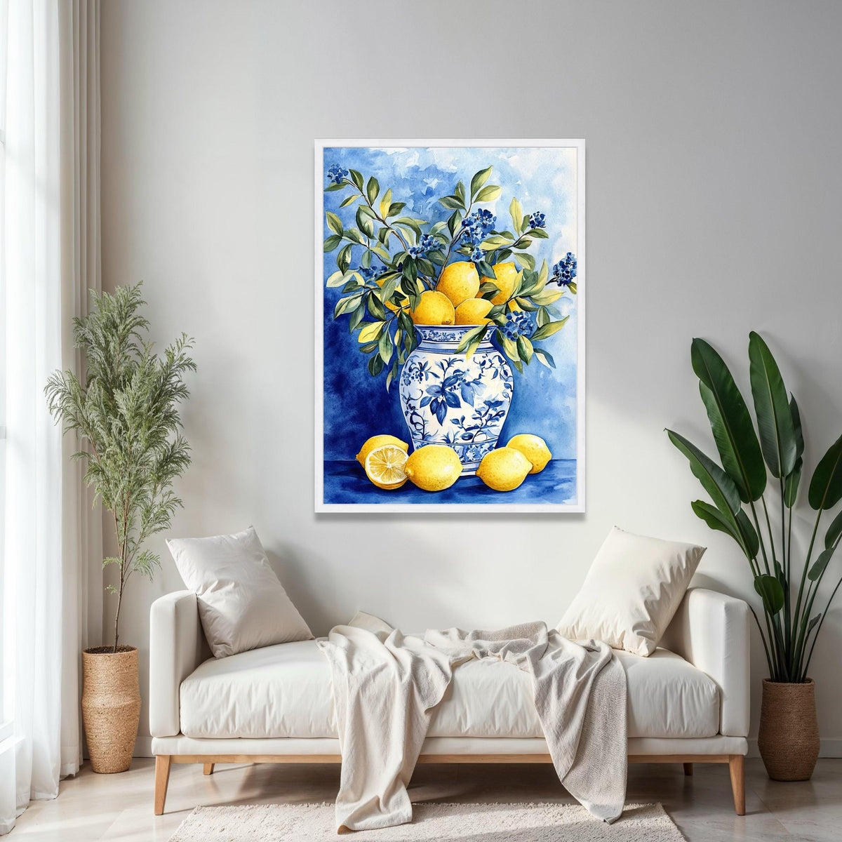 Blue and White Vase with Lemons and Greenery Canvas, Still Life Fruit Wall Art, Kitchen Decor, Citrus Floral Gift Art, Home Decor, Print
