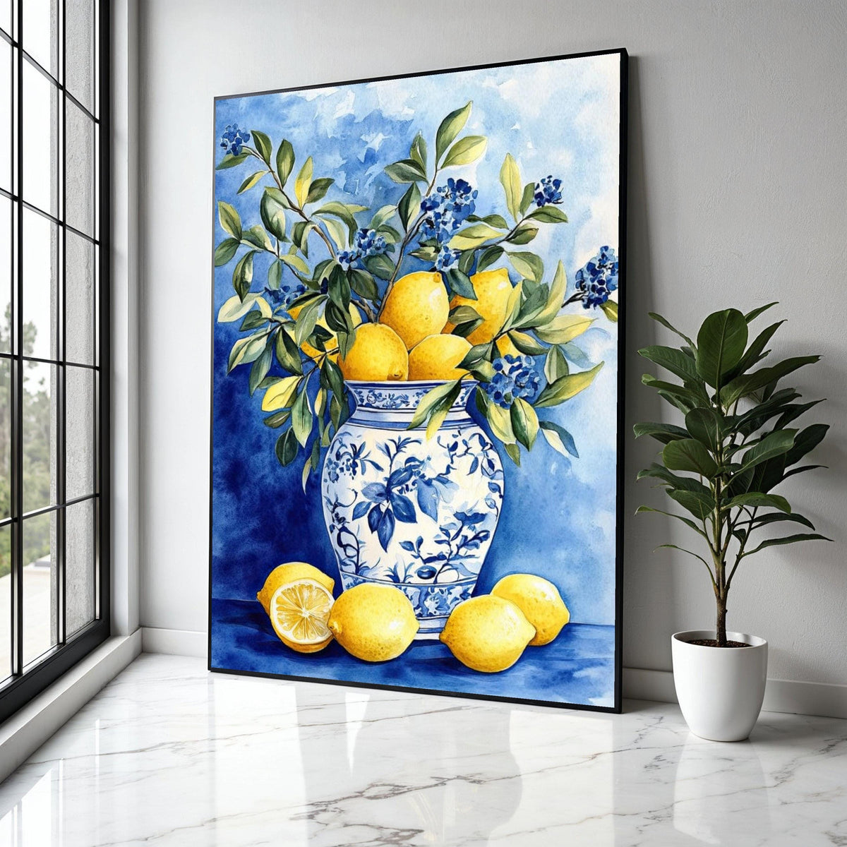 Blue and White Vase with Lemons and Greenery Canvas, Still Life Fruit Wall Art, Kitchen Decor, Citrus Floral Gift Art, Home Decor, Print
