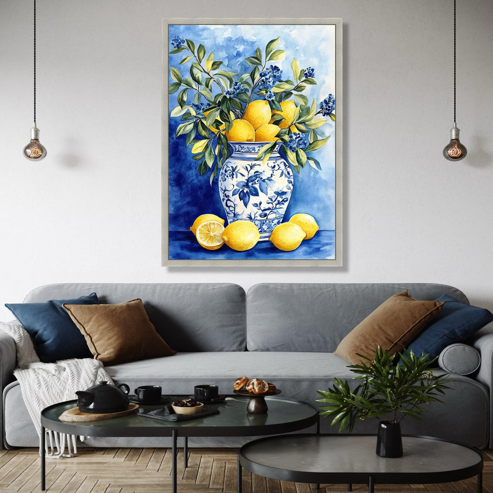 Blue and White Vase with Lemons and Greenery Canvas, Still Life Fruit Wall Art, Kitchen Decor, Citrus Floral Gift Art, Home Decor, Print
