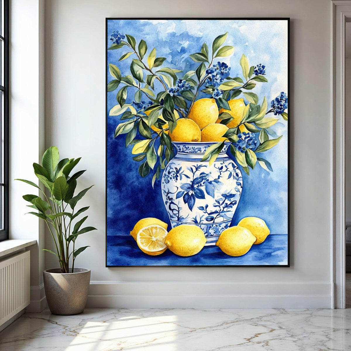 Blue and White Vase with Lemons and Greenery Canvas, Still Life Fruit Wall Art, Kitchen Decor, Citrus Floral Gift Art, Home Decor, Print