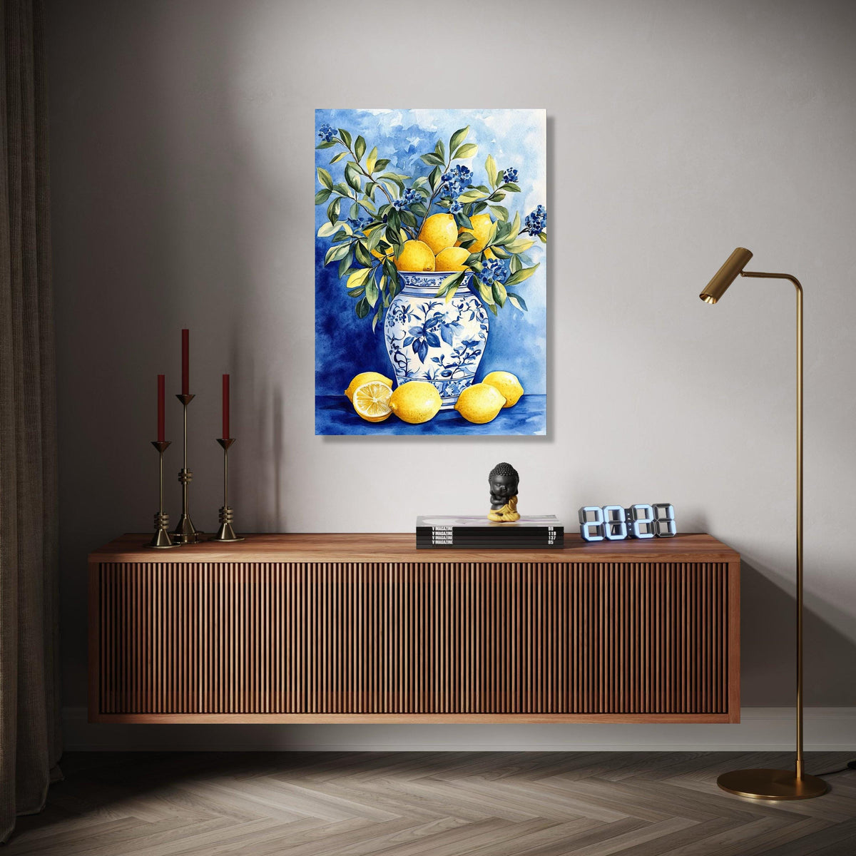 Blue and White Vase with Lemons and Greenery Canvas, Still Life Fruit Wall Art, Kitchen Decor, Citrus Floral Gift Art, Home Decor, Print