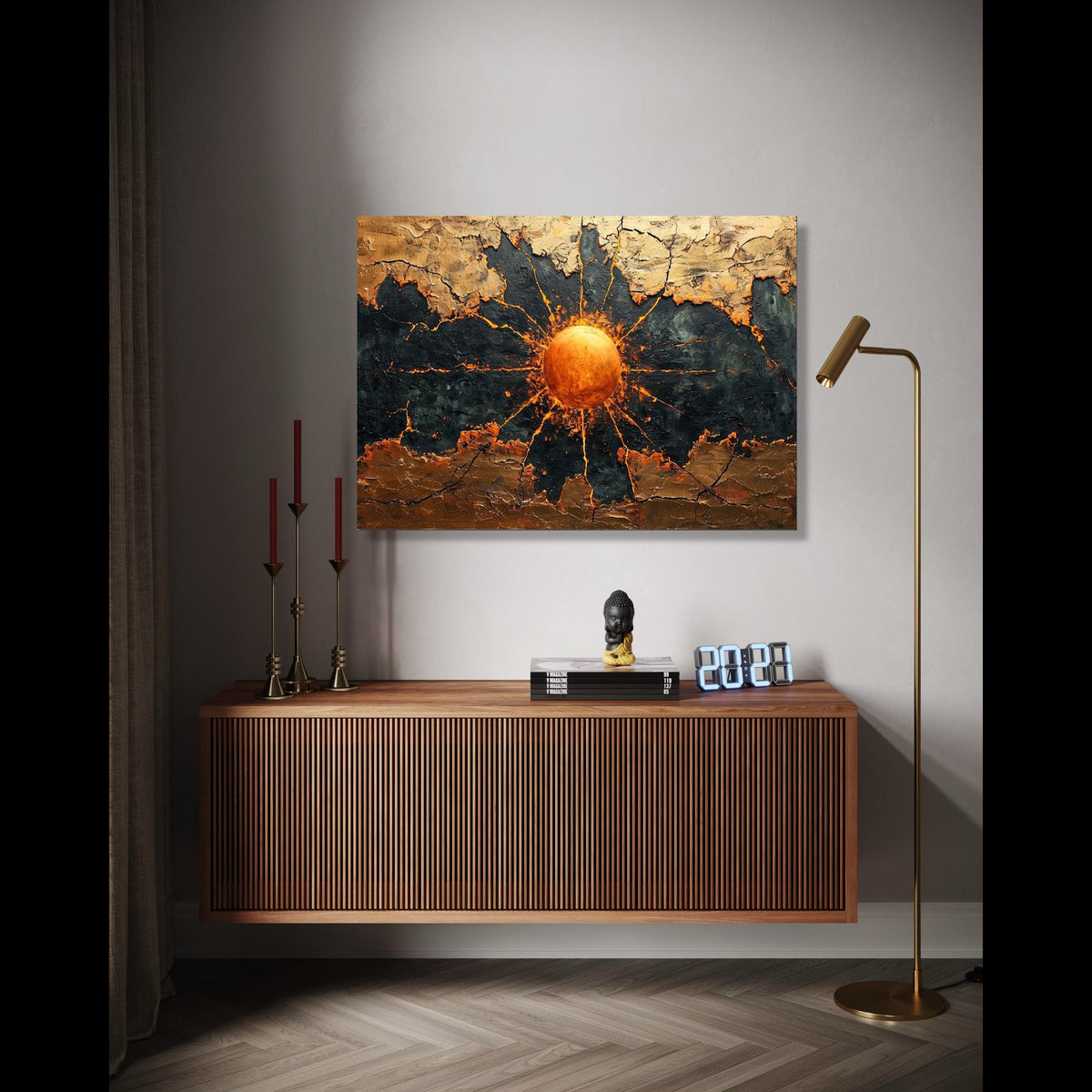 Abstract Sunburst Canvas Wall Art, Gold and Black Painting, Modern Home Decor, Metallic Accent Canvas, Ready to Gift Art, Home Decor, Print