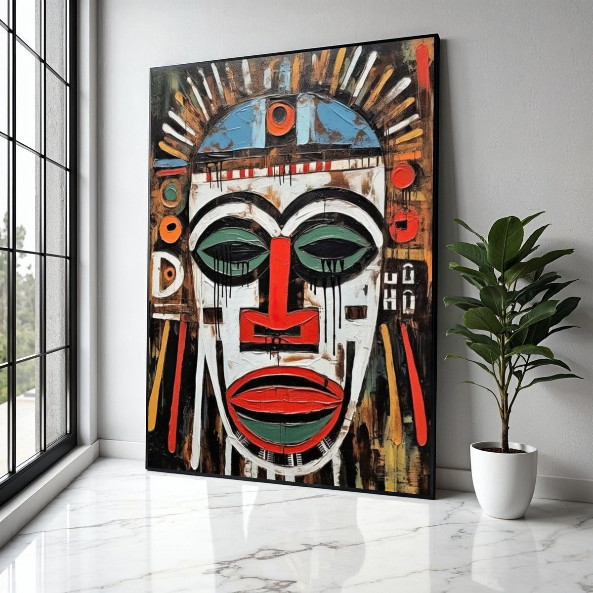 Abstract Tribal Mask Canvas Wall Art, African Inspired Face Painting, Bold Ethnic Decor, Modern Expressionist Gift Art, Home Decor, Print
