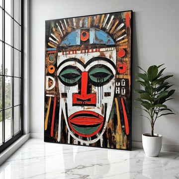 Abstract Tribal Mask Canvas Wall Art, African Inspired Face Painting, Bold Ethnic Decor, Modern Expressionist Gift Art, Home Decor, Print