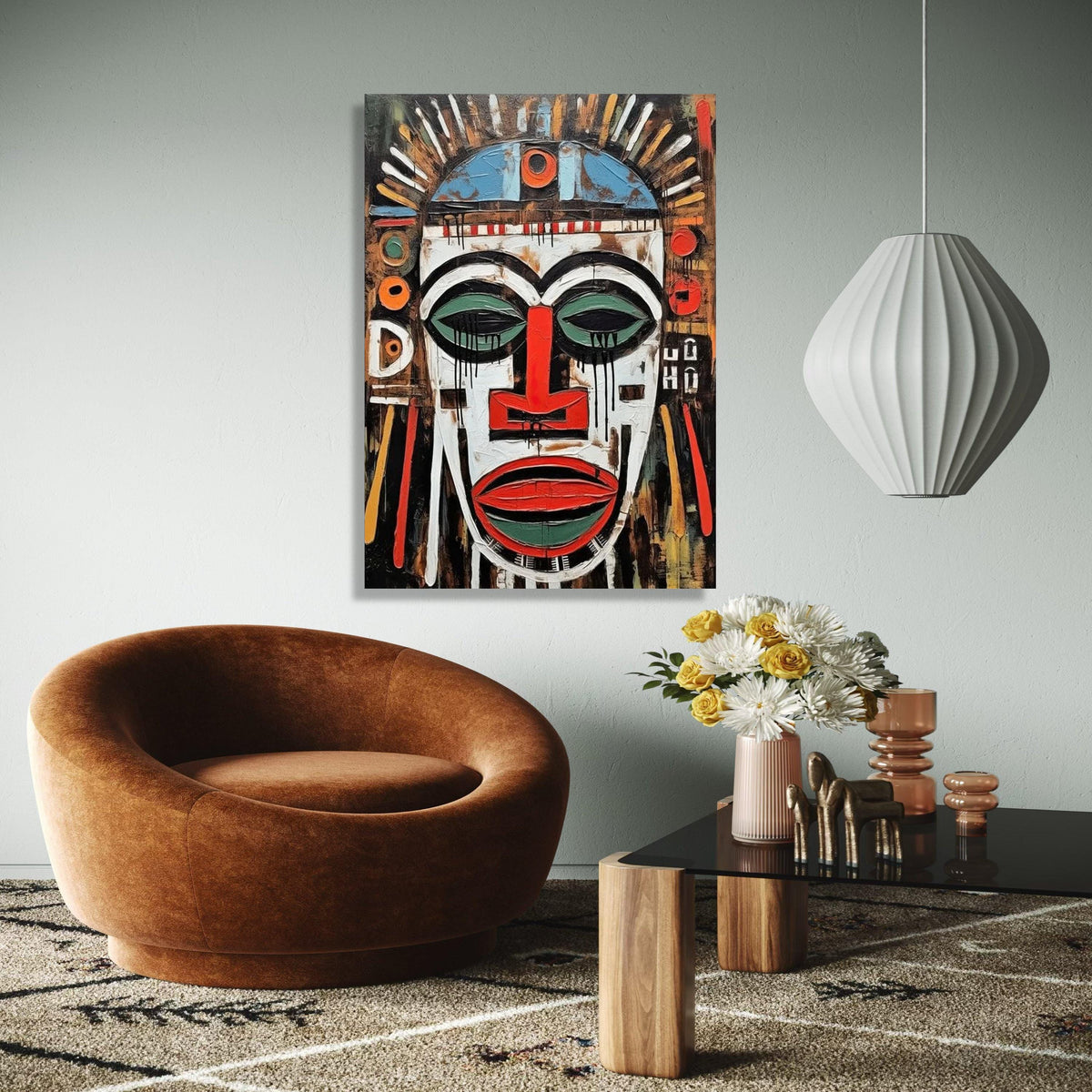 Abstract Tribal Mask Canvas Wall Art, African Inspired Face Painting, Bold Ethnic Decor, Modern Expressionist Gift Art, Home Decor, Print
