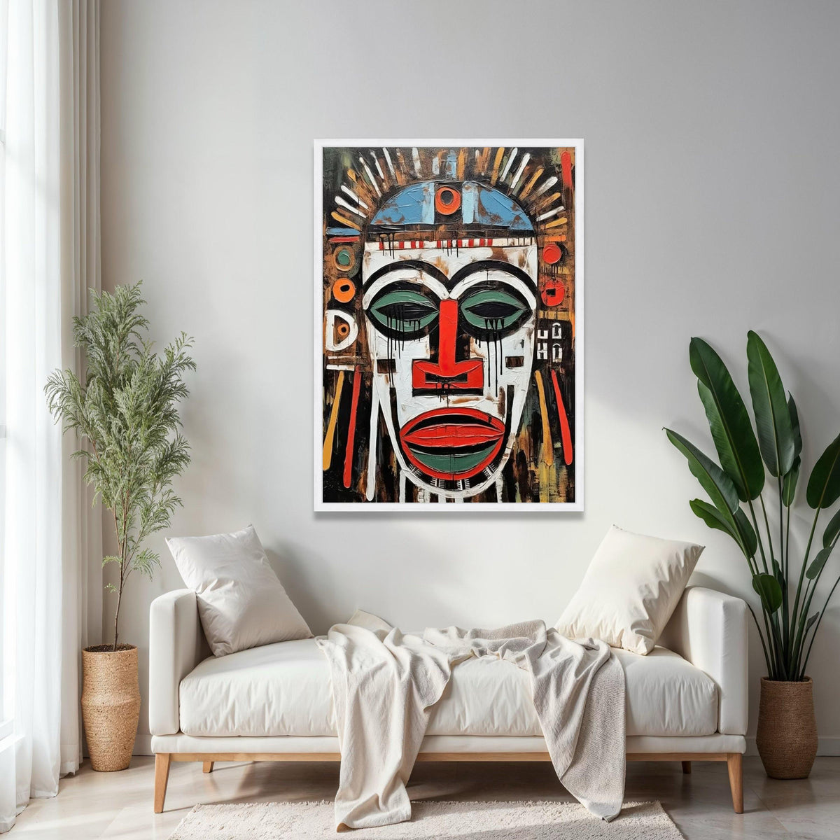 Abstract Tribal Mask Canvas Wall Art, African Inspired Face Painting, Bold Ethnic Decor, Modern Expressionist Gift Art, Home Decor, Print