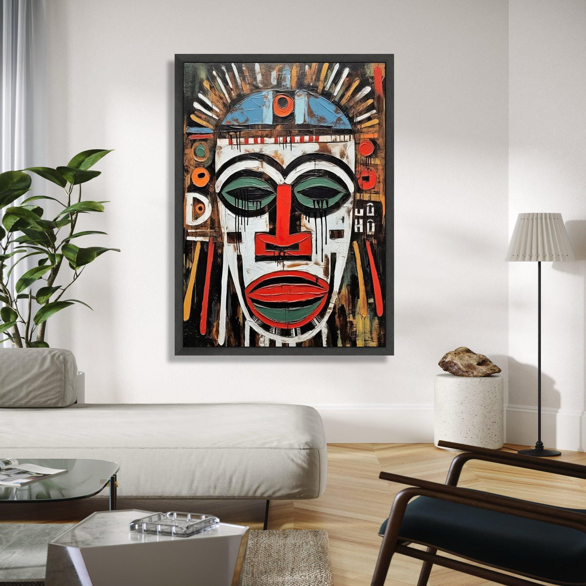 Abstract Tribal Mask Canvas Wall Art, African Inspired Face Painting, Bold Ethnic Decor, Modern Expressionist Gift Art, Home Decor, Print