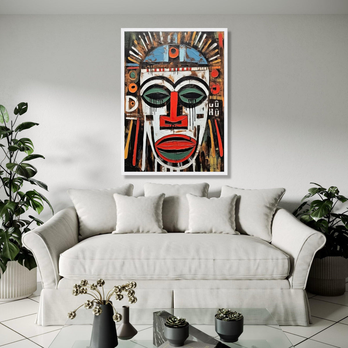 Abstract Tribal Mask Canvas Wall Art, African Inspired Face Painting, Bold Ethnic Decor, Modern Expressionist Gift Art, Home Decor, Print