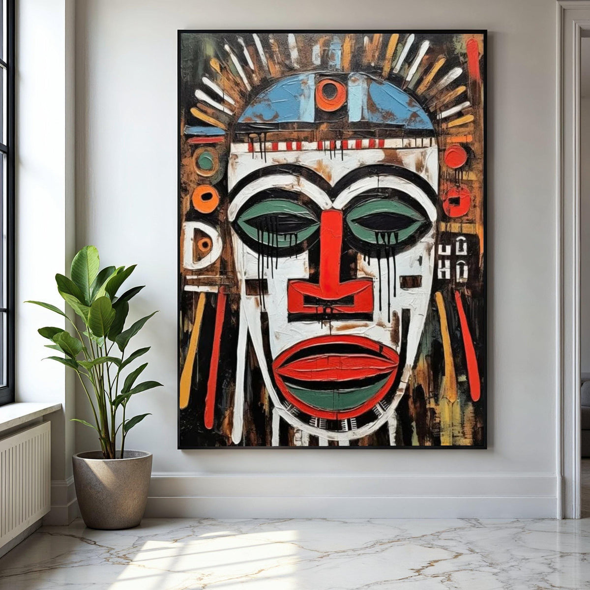 Abstract Tribal Mask Canvas Wall Art, African Inspired Face Painting, Bold Ethnic Decor, Modern Expressionist Gift Art, Home Decor, Print