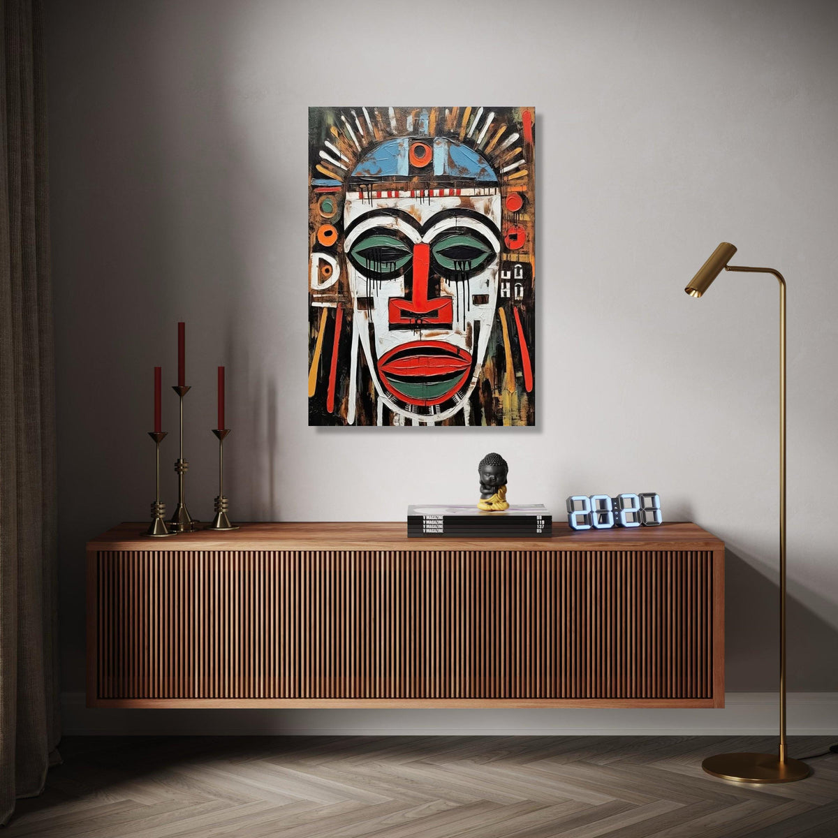 Abstract Tribal Mask Canvas Wall Art, African Inspired Face Painting, Bold Ethnic Decor, Modern Expressionist Gift Art, Home Decor, Print