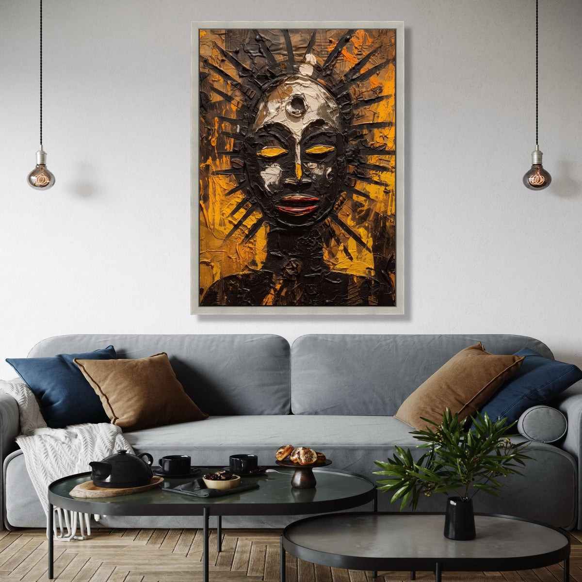 Abstract Tribal Sun God Canvas, Afrocentric Wall Art, Spiritual Mask Painting, Modern Ethnic Home Decor, Bold Gift Art, Home Decor, Print