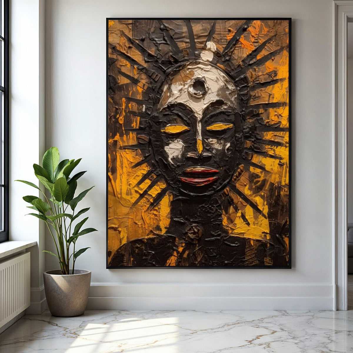 Abstract Tribal Sun God Canvas, Afrocentric Wall Art, Spiritual Mask Painting, Modern Ethnic Home Decor, Bold Gift Art, Home Decor, Print