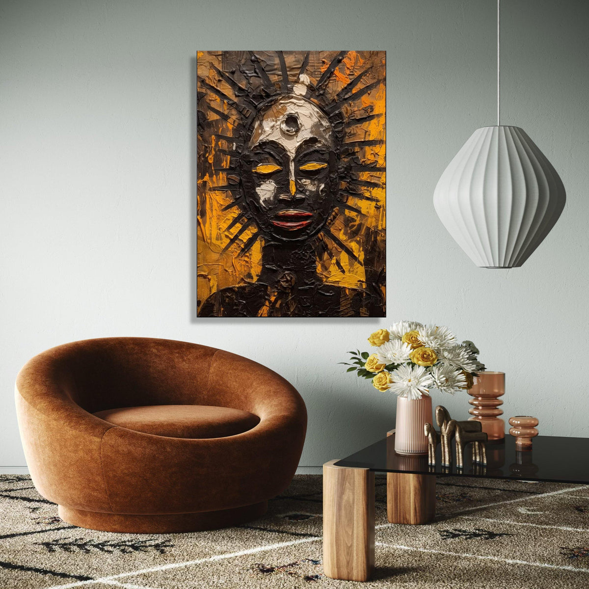 Abstract Tribal Sun God Canvas, Afrocentric Wall Art, Spiritual Mask Painting, Modern Ethnic Home Decor, Bold Gift Art, Home Decor, Print