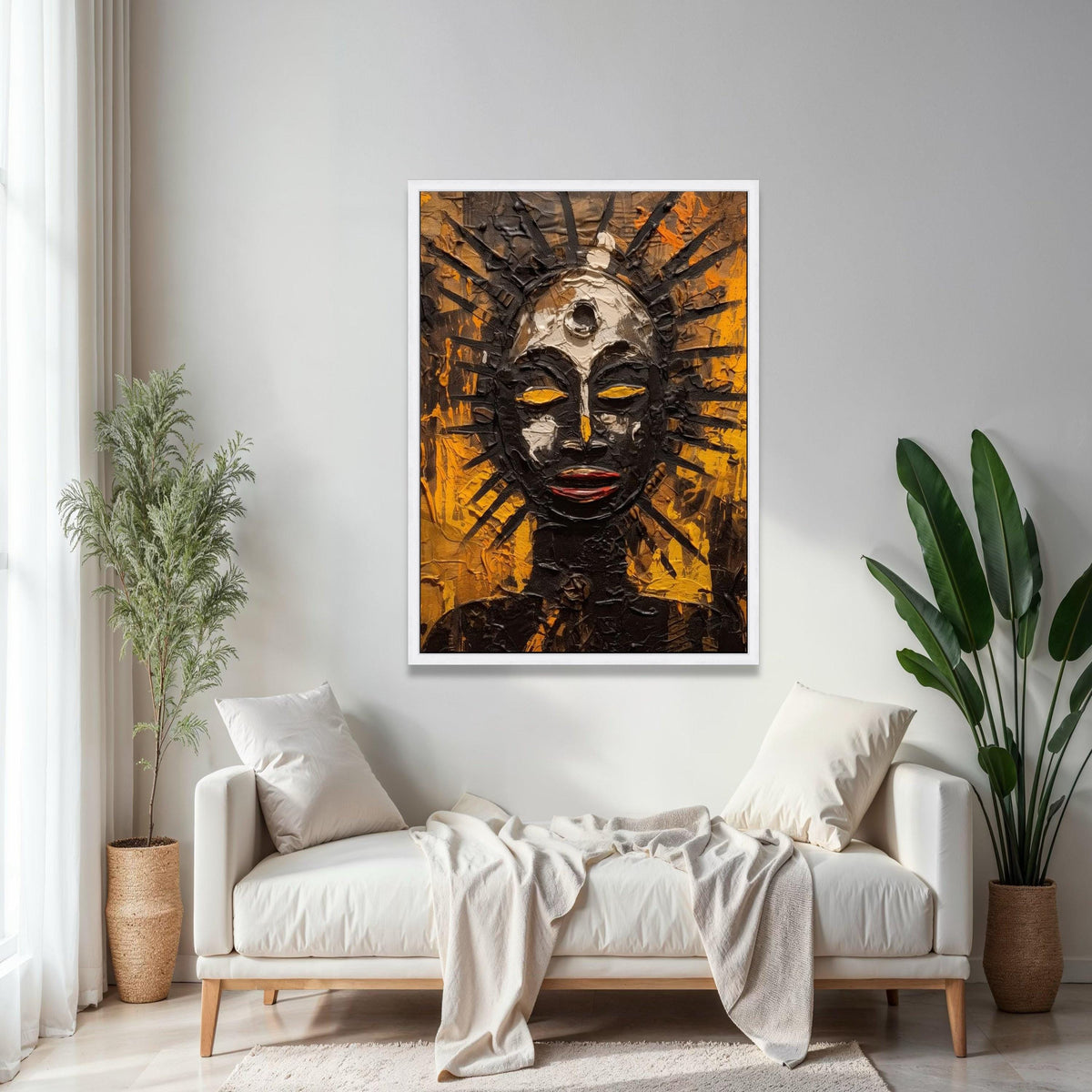 Abstract Tribal Sun God Canvas, Afrocentric Wall Art, Spiritual Mask Painting, Modern Ethnic Home Decor, Bold Gift Art, Home Decor, Print