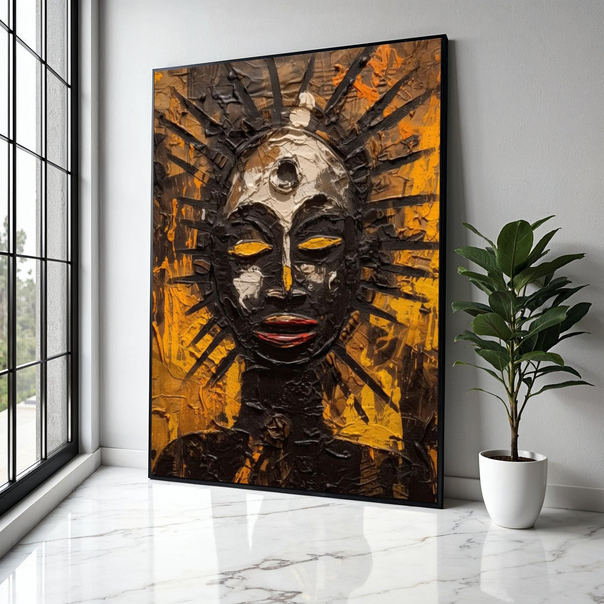 Abstract Tribal Sun God Canvas, Afrocentric Wall Art, Spiritual Mask Painting, Modern Ethnic Home Decor, Bold Gift Art, Home Decor, Print