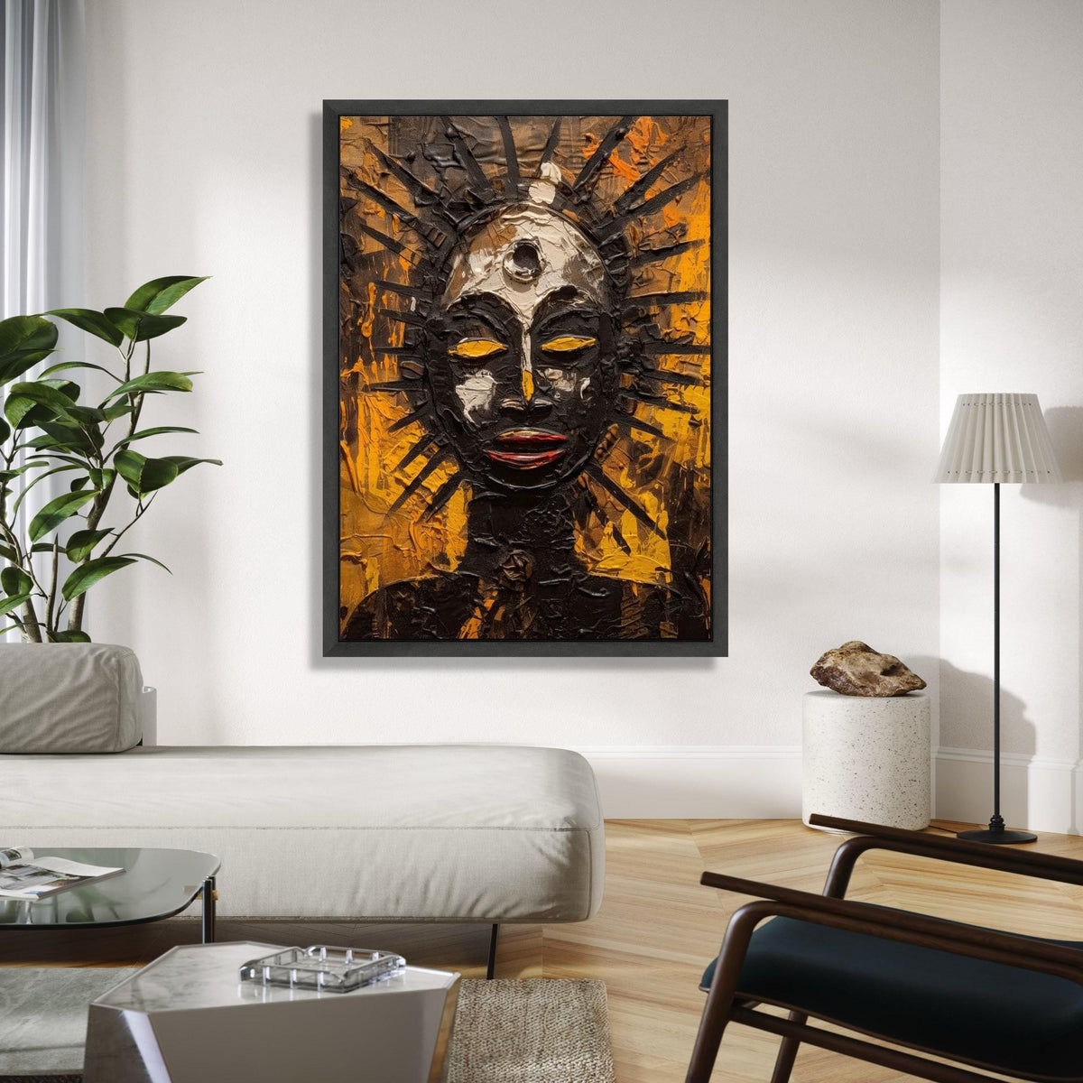 Abstract Tribal Sun God Canvas, Afrocentric Wall Art, Spiritual Mask Painting, Modern Ethnic Home Decor, Bold Gift Art, Home Decor, Print