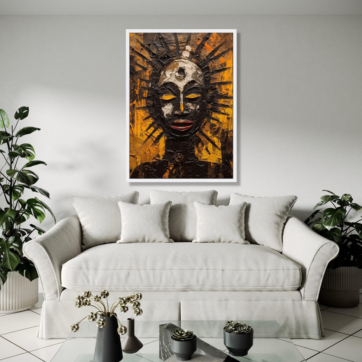 Abstract Tribal Sun God Canvas, Afrocentric Wall Art, Spiritual Mask Painting, Modern Ethnic Home Decor, Bold Gift Art, Home Decor, Print