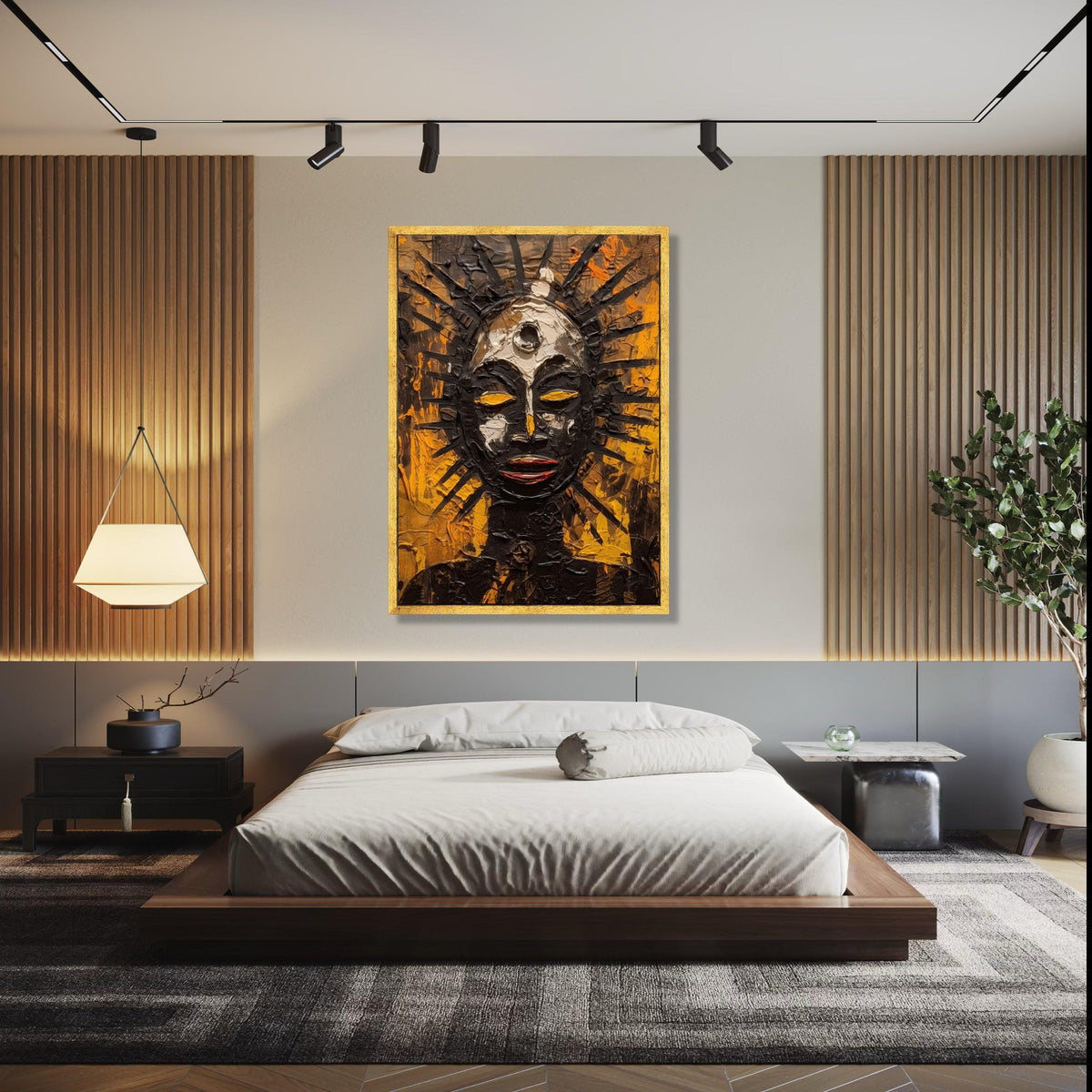 Abstract Tribal Sun God Canvas, Afrocentric Wall Art, Spiritual Mask Painting, Modern Ethnic Home Decor, Bold Gift Art, Home Decor, Print