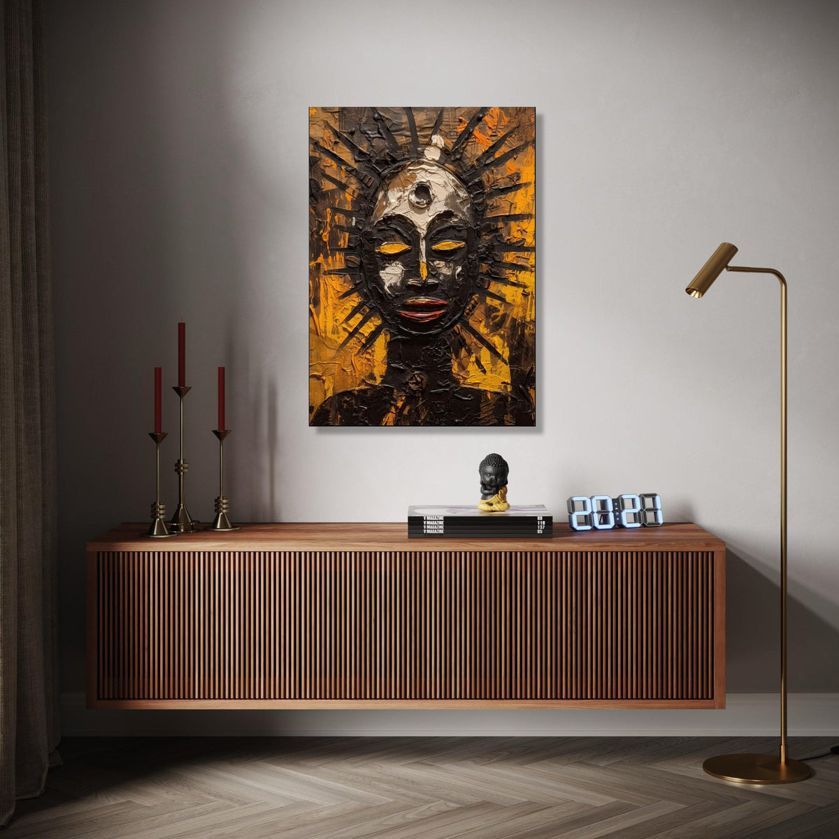 Abstract Tribal Sun God Canvas, Afrocentric Wall Art, Spiritual Mask Painting, Modern Ethnic Home Decor, Bold Gift Art, Home Decor, Print