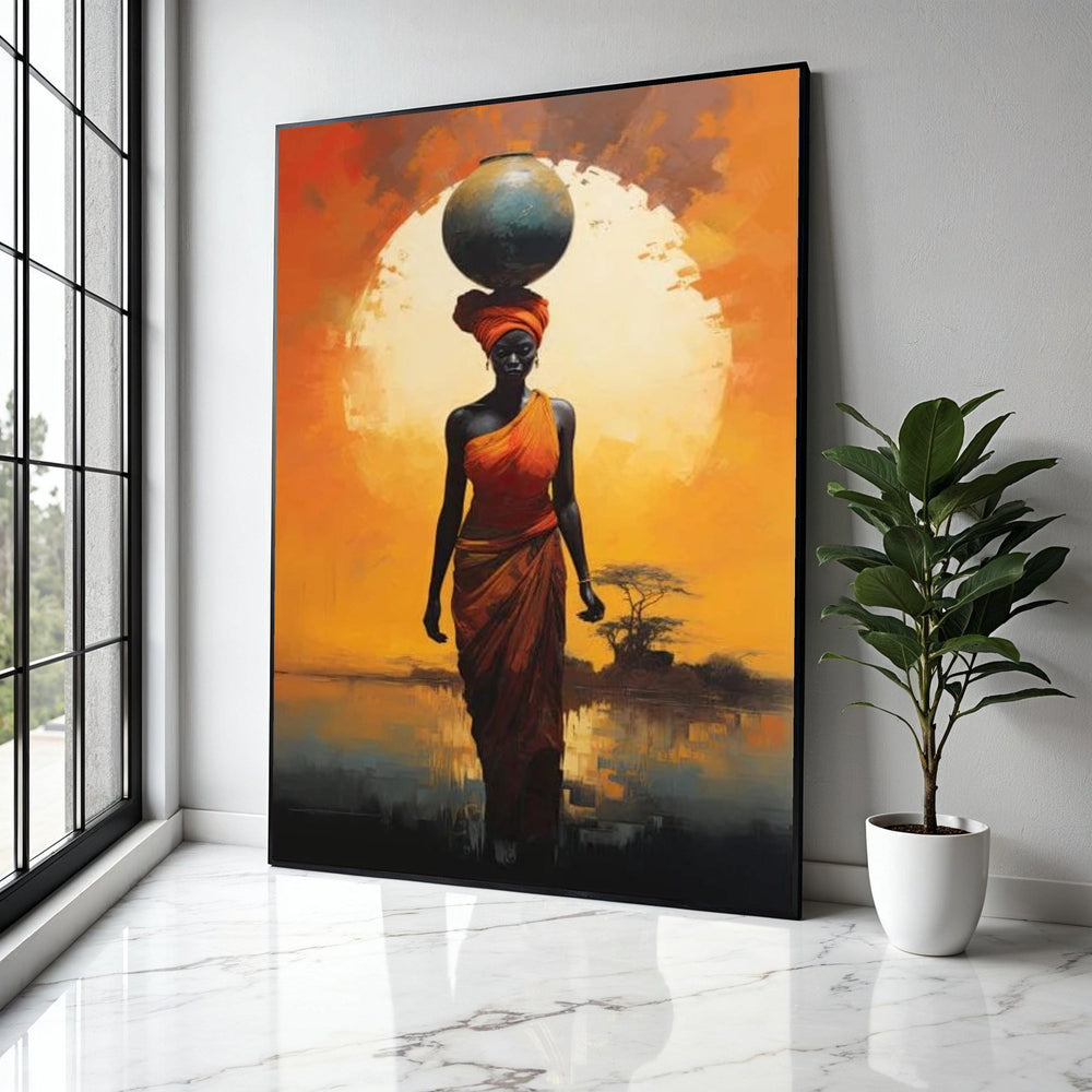 African Woman with Pot Canvas, Sunset Silhouette Wall Art, Ethnic Home Decor, Bold Orange Landscape, Tribal Gift Art, Home Decor, Print