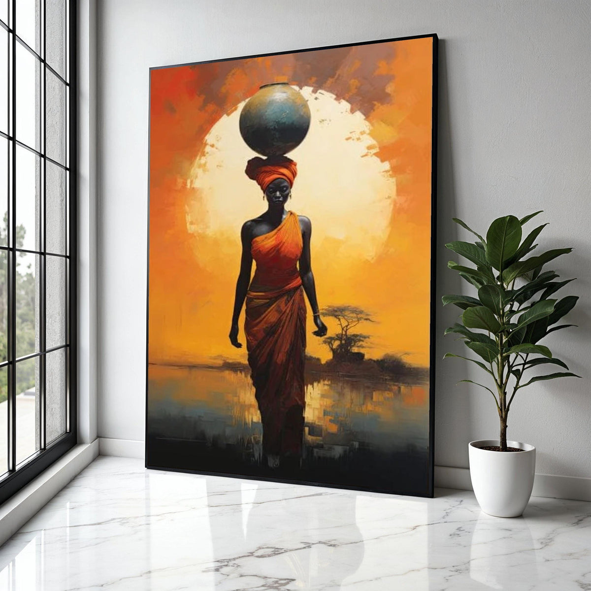 African Woman with Pot Canvas, Sunset Silhouette Wall Art, Ethnic Home Decor, Bold Orange Landscape, Tribal Gift Art, Home Decor, Print