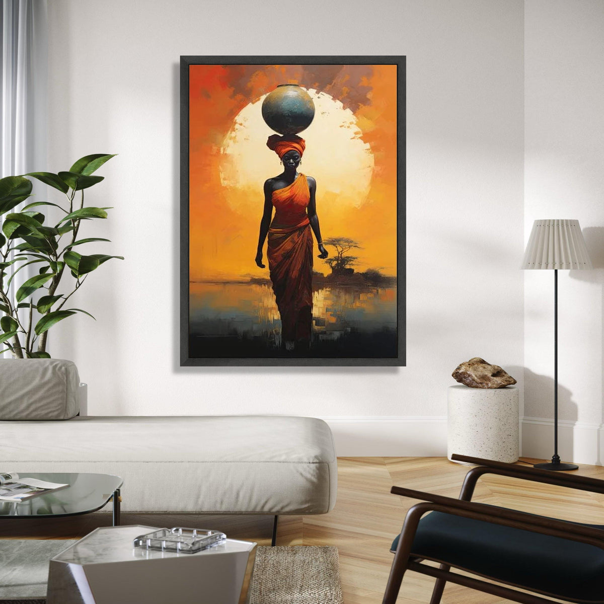 African Woman with Pot Canvas, Sunset Silhouette Wall Art, Ethnic Home Decor, Bold Orange Landscape, Tribal Gift Art, Home Decor, Print