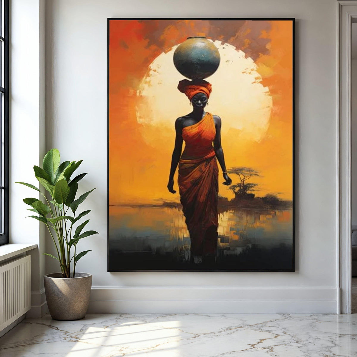 African Woman with Pot Canvas, Sunset Silhouette Wall Art, Ethnic Home Decor, Bold Orange Landscape, Tribal Gift Art, Home Decor, Print