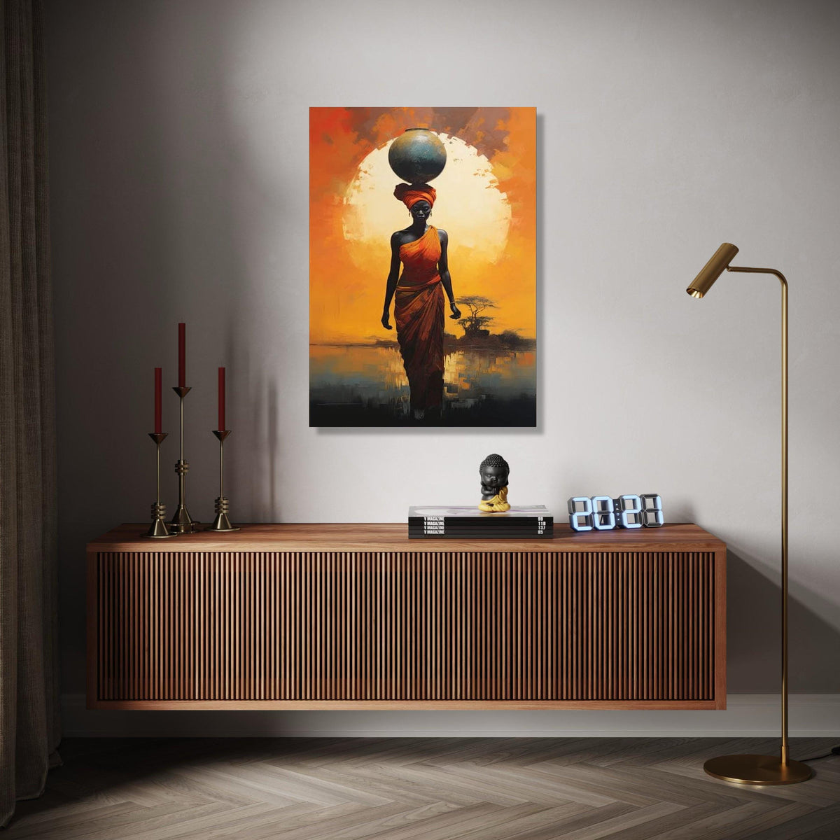 African Woman with Pot Canvas, Sunset Silhouette Wall Art, Ethnic Home Decor, Bold Orange Landscape, Tribal Gift Art, Home Decor, Print