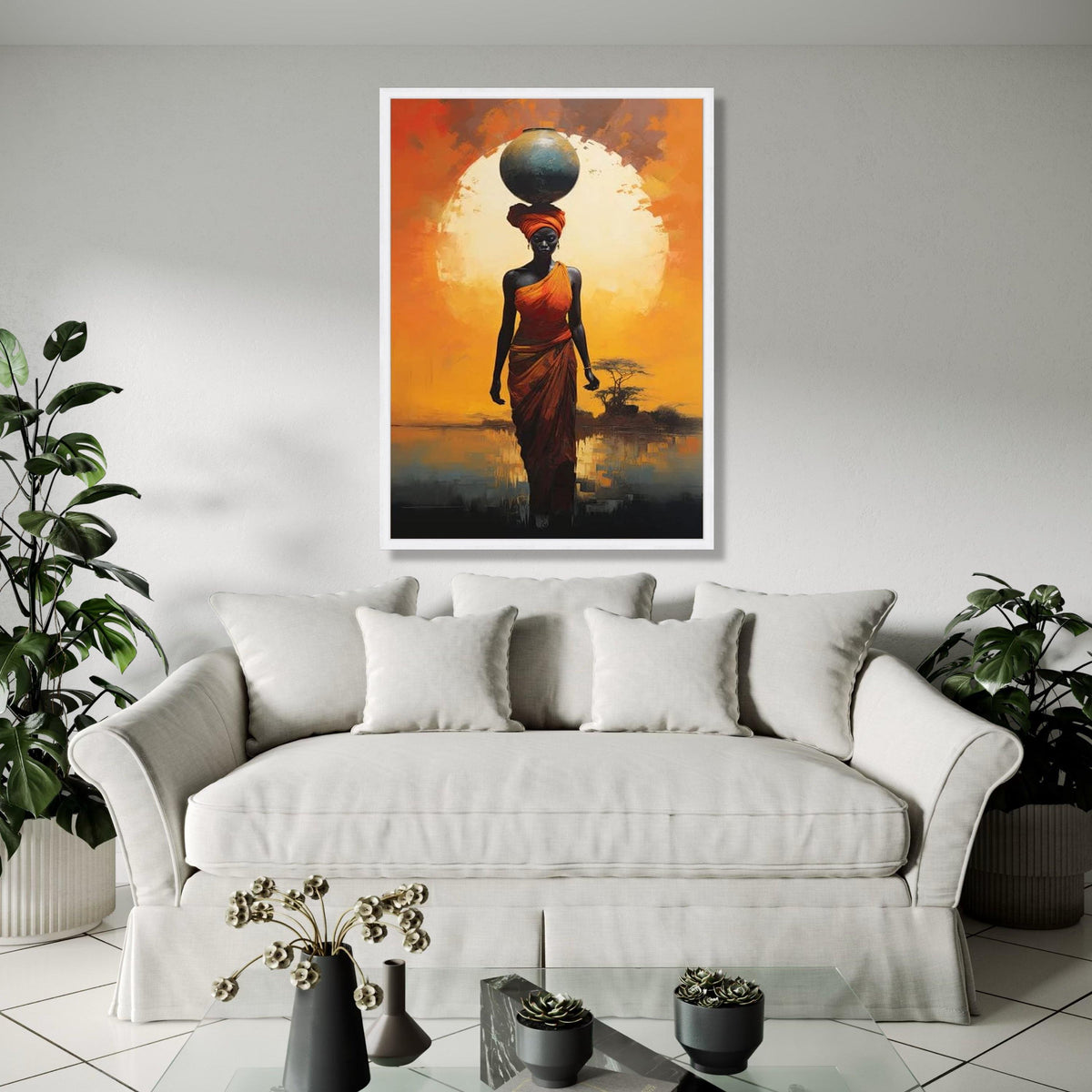African Woman with Pot Canvas, Sunset Silhouette Wall Art, Ethnic Home Decor, Bold Orange Landscape, Tribal Gift Art, Home Decor, Print