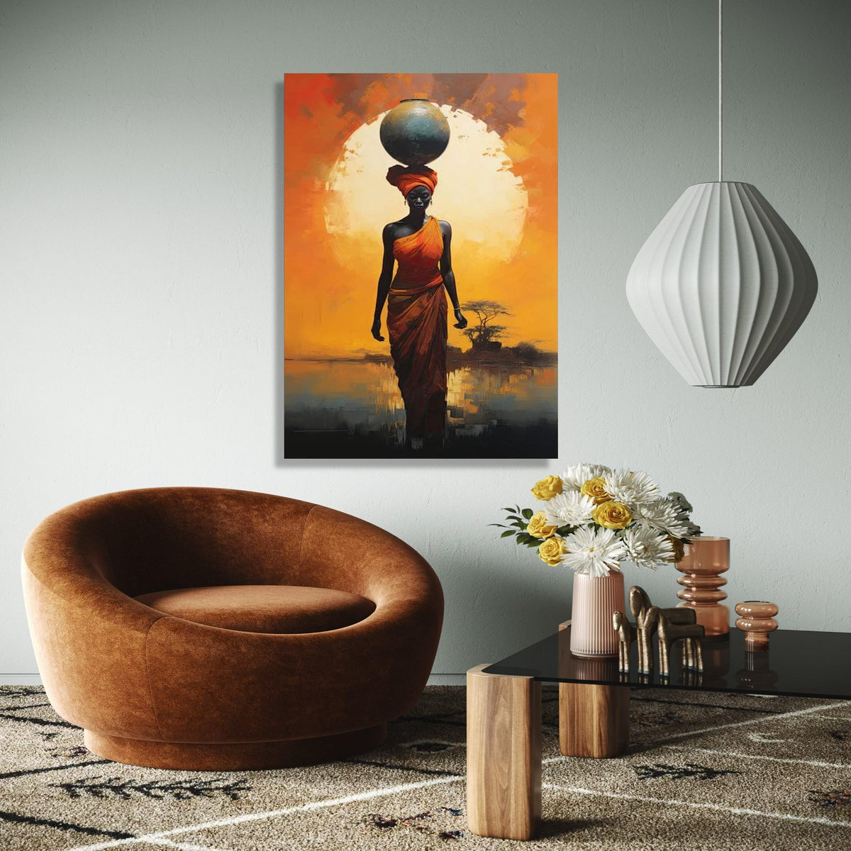 African Woman with Pot Canvas, Sunset Silhouette Wall Art, Ethnic Home Decor, Bold Orange Landscape, Tribal Gift Art, Home Decor, Print