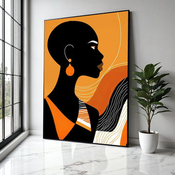 Modern African Woman Silhouette Canvas, Orange Black Abstract Wall Art, Contemporary Female Portrait Canvas, Gift Art, Home Decor, Print
