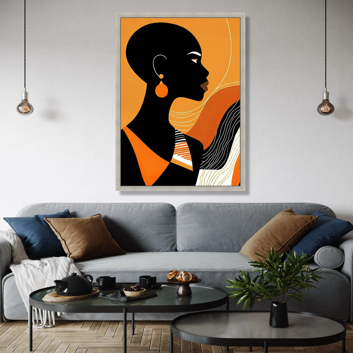Modern African Woman Silhouette Canvas, Orange Black Abstract Wall Art, Contemporary Female Portrait Canvas, Gift Art, Home Decor, Print