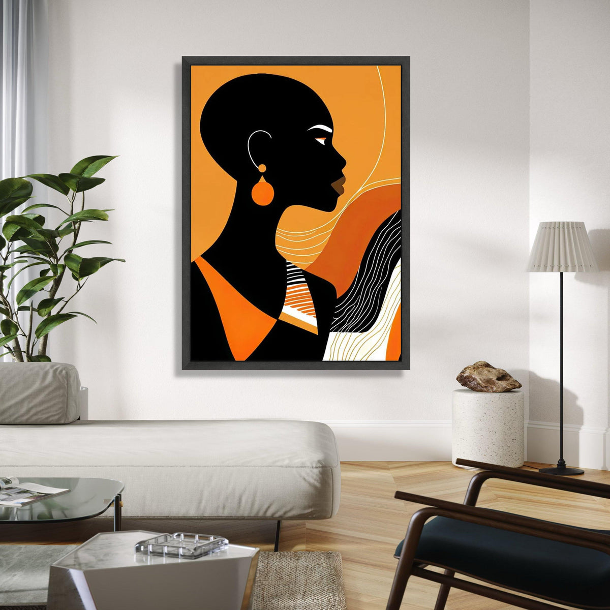 Modern African Woman Silhouette Canvas, Orange Black Abstract Wall Art, Contemporary Female Portrait Canvas, Gift Art, Home Decor, Print