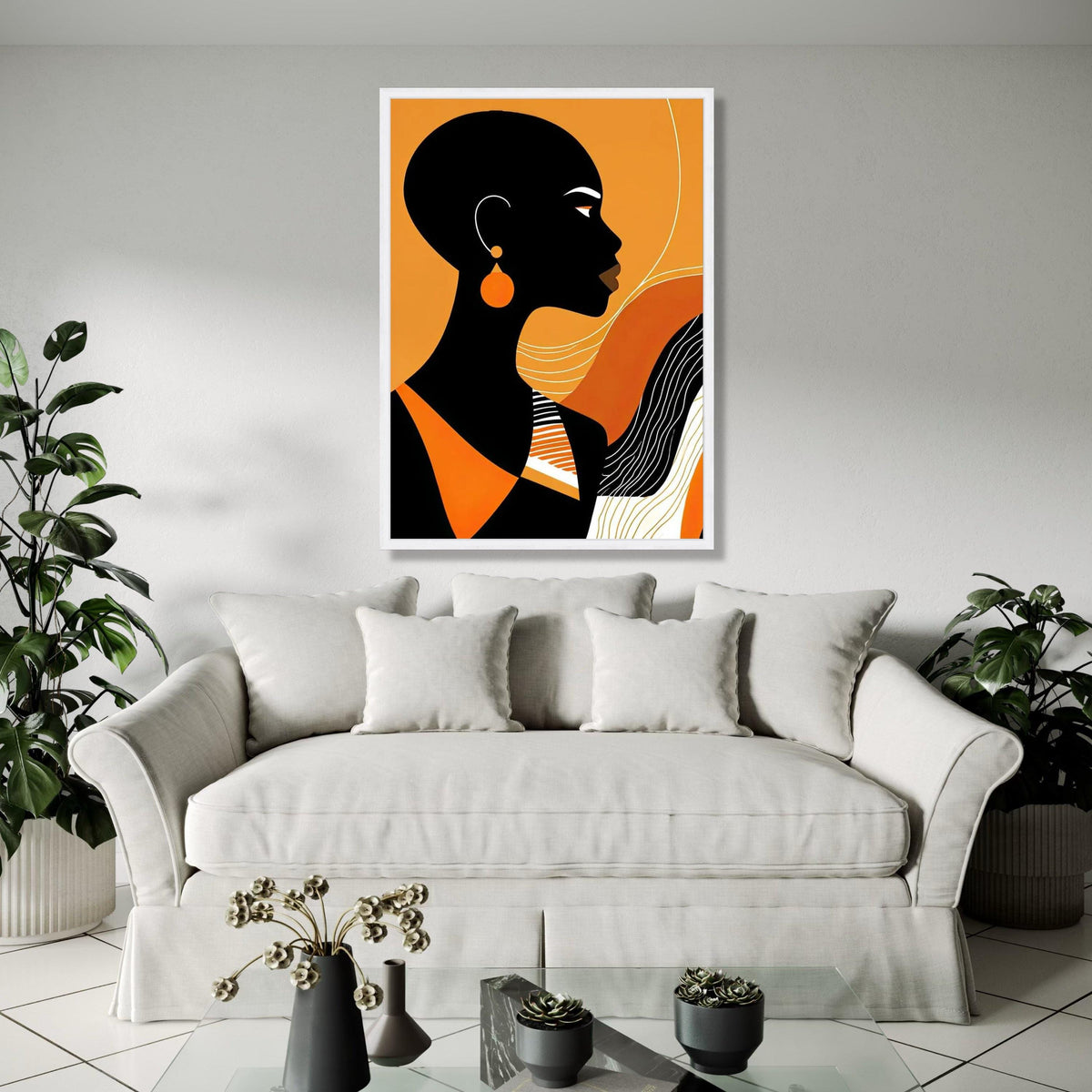Modern African Woman Silhouette Canvas, Orange Black Abstract Wall Art, Contemporary Female Portrait Canvas, Gift Art, Home Decor, Print