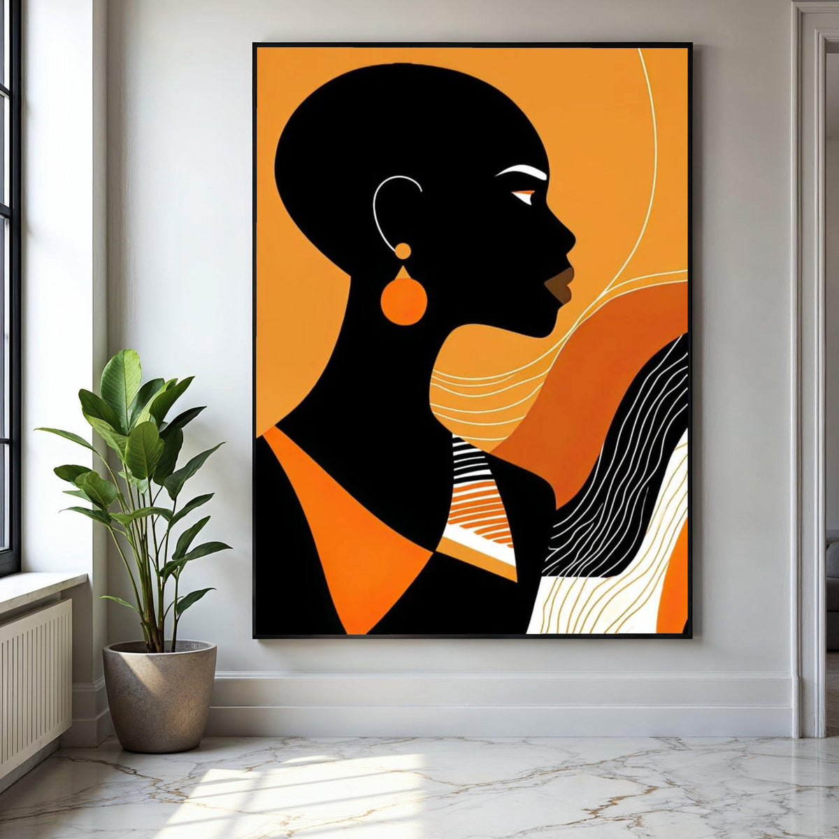 Modern African Woman Silhouette Canvas, Orange Black Abstract Wall Art, Contemporary Female Portrait Canvas, Gift Art, Home Decor, Print