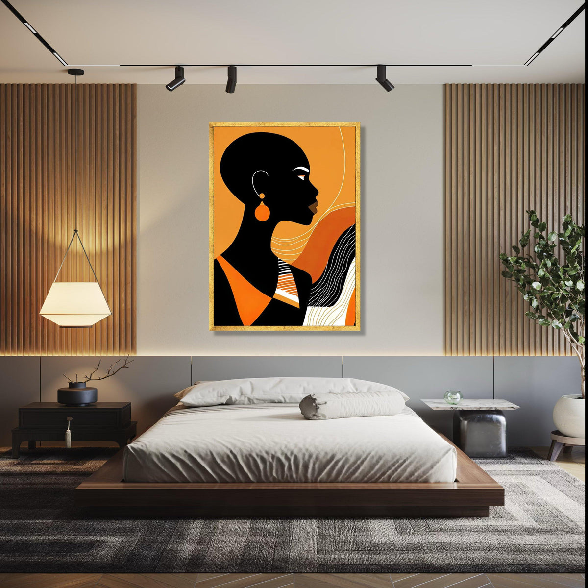 Modern African Woman Silhouette Canvas, Orange Black Abstract Wall Art, Contemporary Female Portrait Canvas, Gift Art, Home Decor, Print