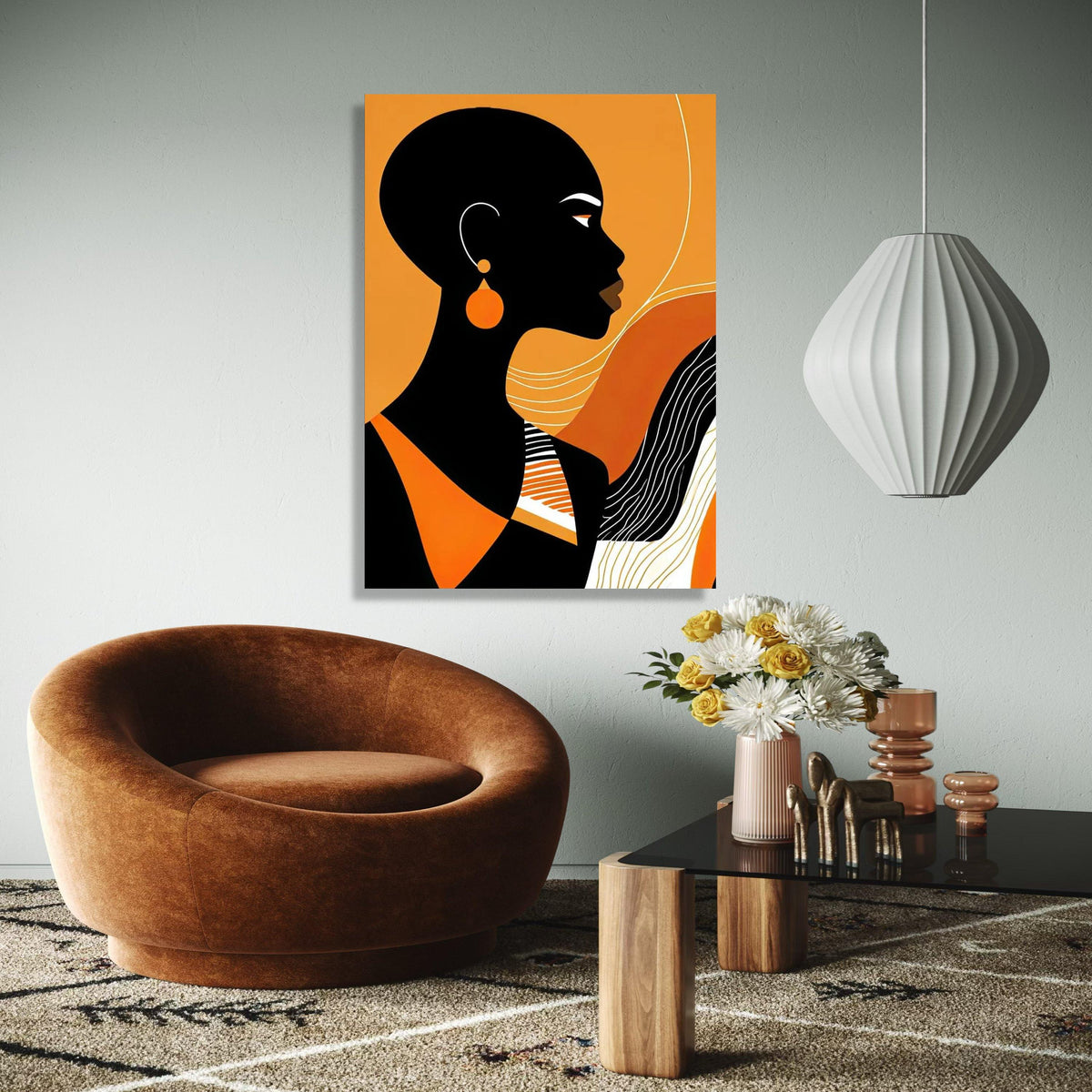 Modern African Woman Silhouette Canvas, Orange Black Abstract Wall Art, Contemporary Female Portrait Canvas, Gift Art, Home Decor, Print