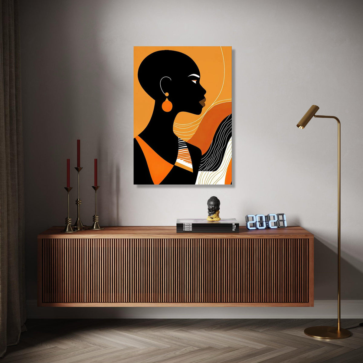 Modern African Woman Silhouette Canvas, Orange Black Abstract Wall Art, Contemporary Female Portrait Canvas, Gift Art, Home Decor, Print