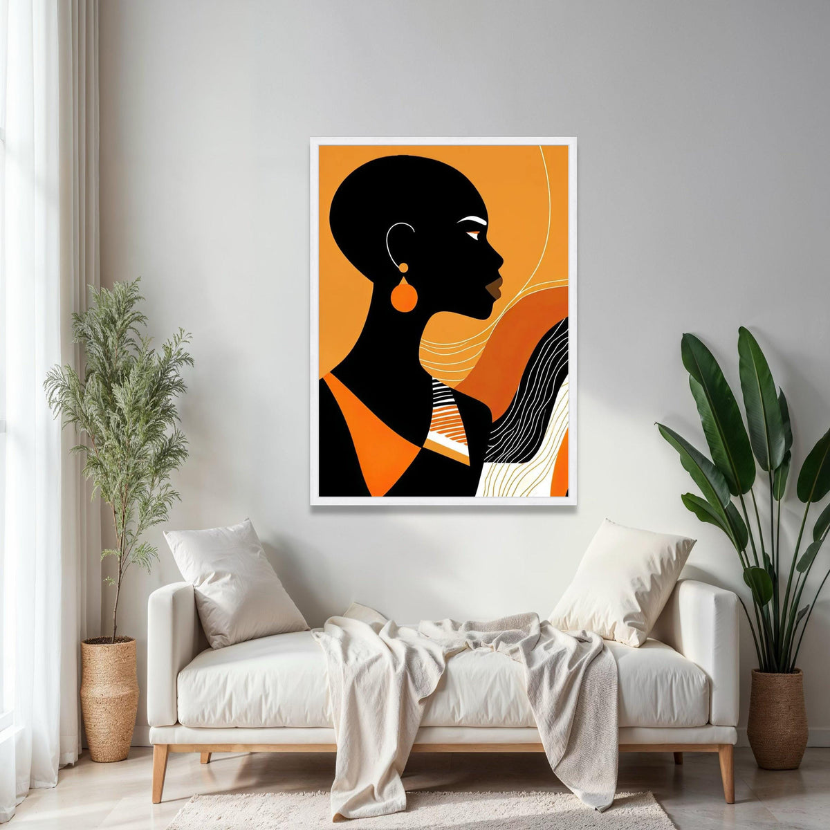 Modern African Woman Silhouette Canvas, Orange Black Abstract Wall Art, Contemporary Female Portrait Canvas, Gift Art, Home Decor, Print