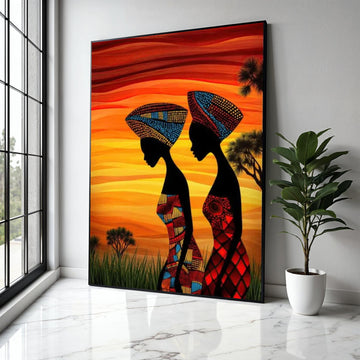African Women Silhouette Canvas, Vibrant Tribal Headwrap Wall Art, Colorful Ethnic Canvas, Sunset Landscape Gift Art, Home Decor, Print