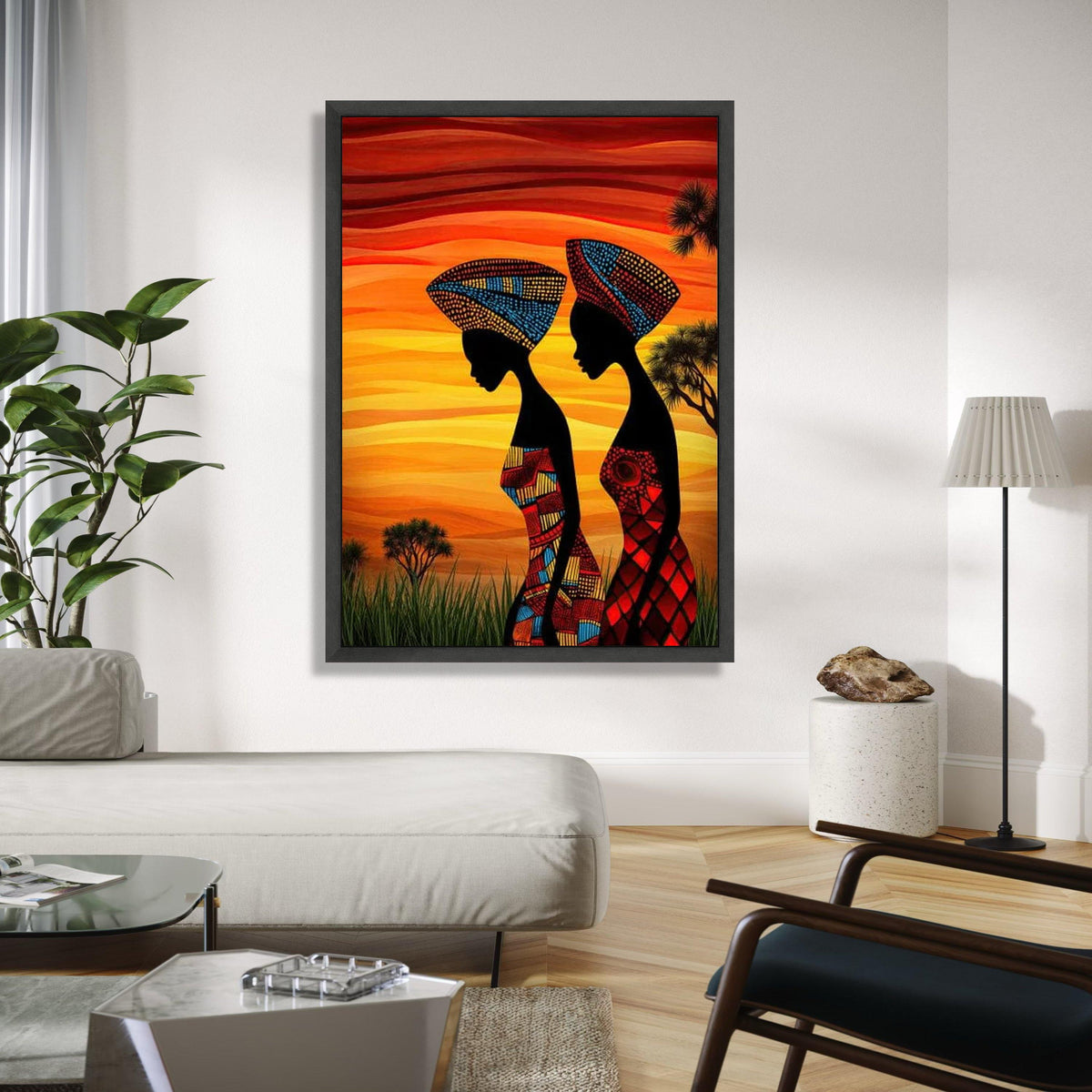 African Women Silhouette Canvas, Vibrant Tribal Headwrap Wall Art, Colorful Ethnic Canvas, Sunset Landscape Gift Art, Home Decor, Print