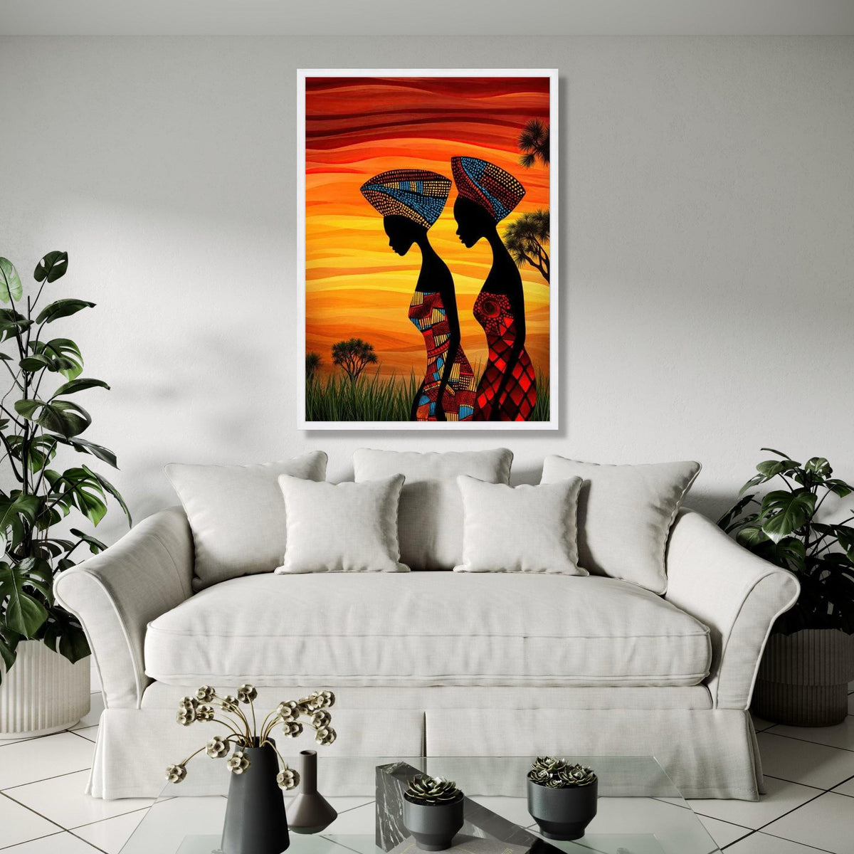 African Women Silhouette Canvas, Vibrant Tribal Headwrap Wall Art, Colorful Ethnic Canvas, Sunset Landscape Gift Art, Home Decor, Print