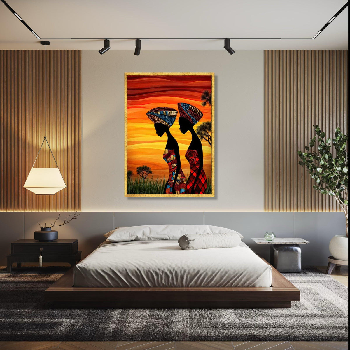 African Women Silhouette Canvas, Vibrant Tribal Headwrap Wall Art, Colorful Ethnic Canvas, Sunset Landscape Gift Art, Home Decor, Print