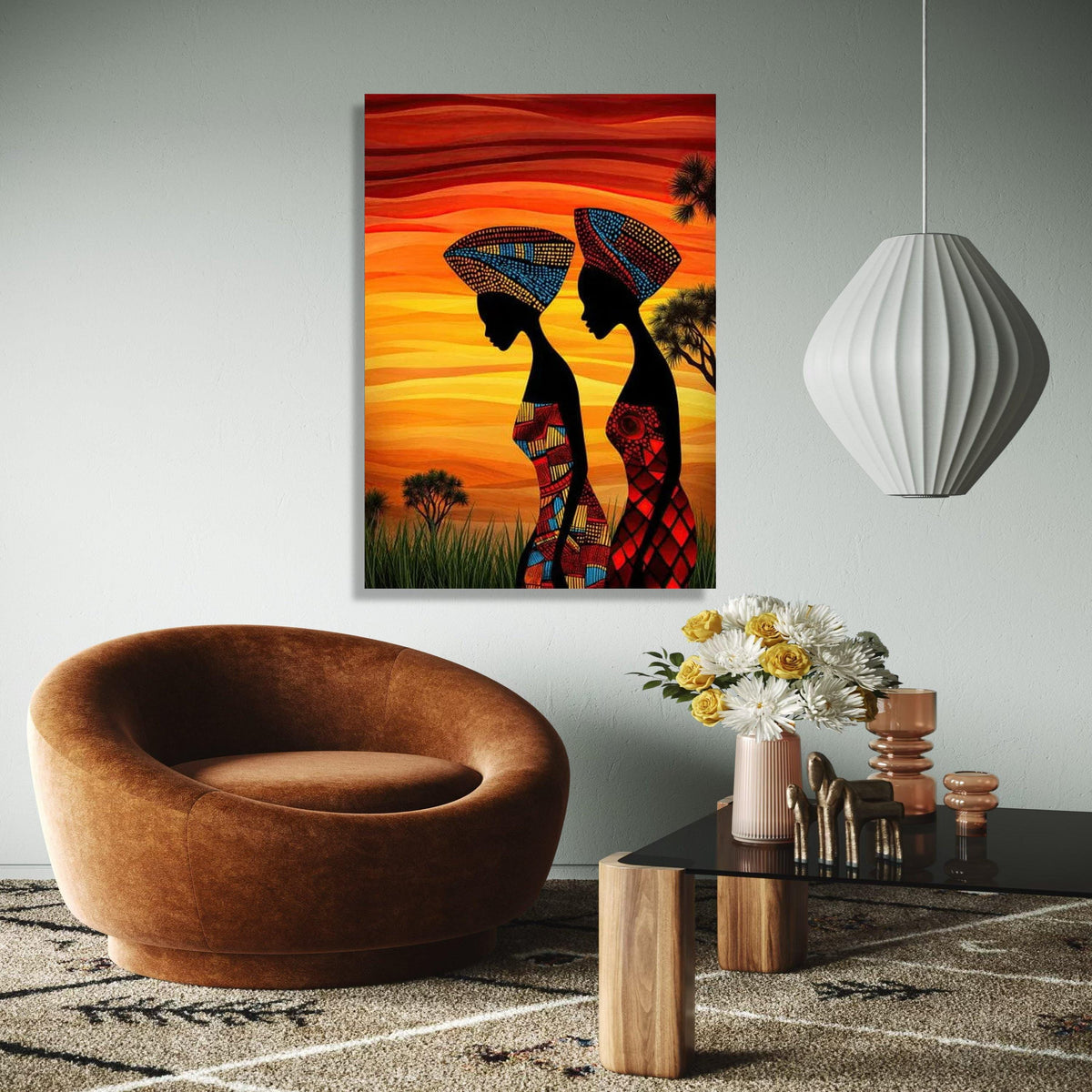 African Women Silhouette Canvas, Vibrant Tribal Headwrap Wall Art, Colorful Ethnic Canvas, Sunset Landscape Gift Art, Home Decor, Print